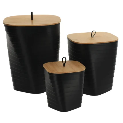SET 3 COȘURI GUNOI PLASTIC CAPAC BAMBUS STRIATII - NEGRU | COȘURI DE GUNOI BAIE SET
