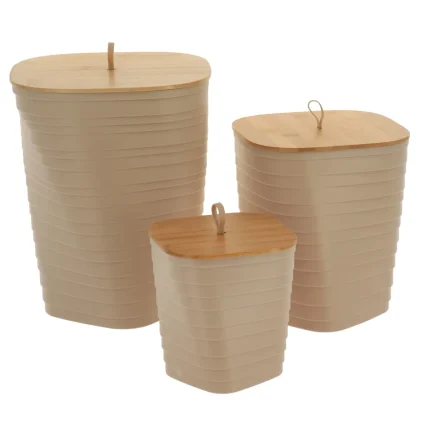 SET 3 COȘURI GUNOI PLASTIC CAPAC BAMBUS STRIATII - BEJ | COȘURI DE GUNOI BAIE SET