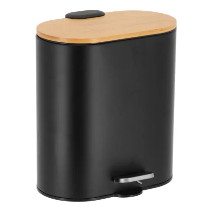 COȘ GUNOI  METAL  5 L CAPAC BAMBUS INCHIDERE LENTA OVAL - NEGRU | COȘURI DE GUNOI BAIE