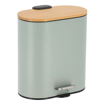 COȘ GUNOI  METAL  5 L CAPAC BAMBUS INCHIDERE LENTA OVAL - VERDE PASTEL | COȘURI DE GUNOI BAIE