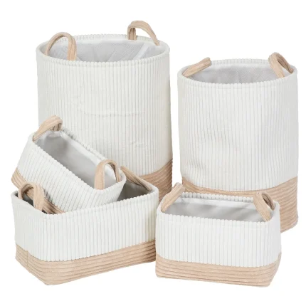 Set 5 X coș rufe bicolor catifelat – Alb / Bej | Organizatoare baie set