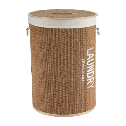 Coș rufe cu capac BAMBUS mare 42X58 CM - Alb / Bamboo | Organizatoare baie
