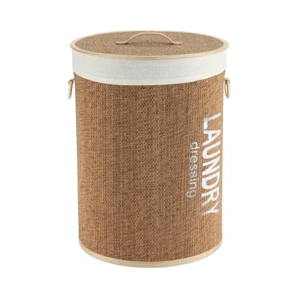 Coș rufe cu capac BAMBUS mediu 38X50 cm - Alb / Bamboo | Organizatoare baie