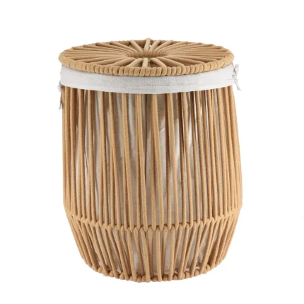 Coș rufe mediu cu capac efect sfoară POLIESTER / BUMBAC 37X45 cm – Greige | Organizatoare baie