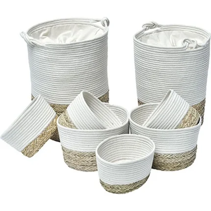 Set 8 X coșuri rufe BUMBAC/IARBA DE MARE - Alb / Natural | Organizatoare baie set