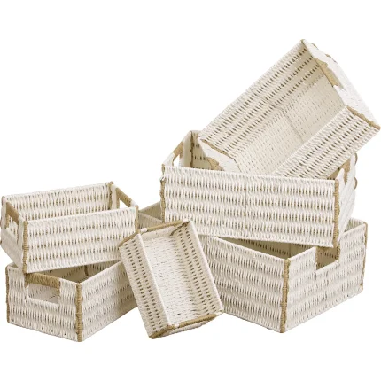 Set 6 X coș bicolor depozitare METAL / HÂRTIE - Alb / Natural | Organizatoare baie set