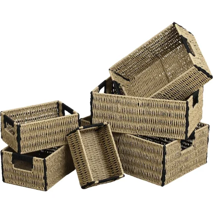 Set 6 X coș bicolor depozitare METAL / HÂRTIE – Natural / Negru | Organizatoare baie set