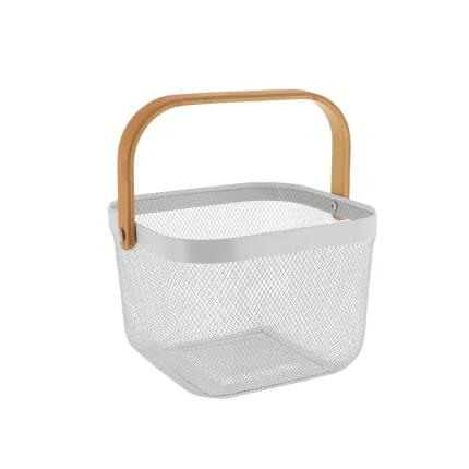 Coș pătrat depozitare 27,5X27,5X38 cm METAL / MANER BAMBUS – Alb | Organizatoare baie