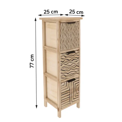 Corp mobilier MDF cu 3 coșuri mânere metalice 77x25x25 cm - Natural/Negru | Mobilier depozitare baie - imagine 2